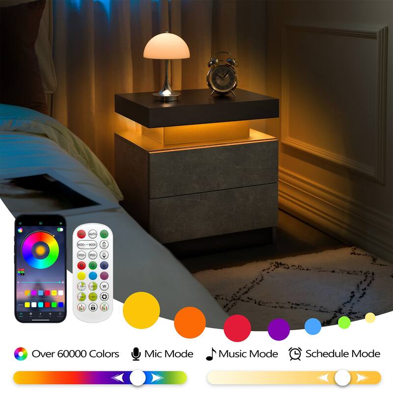 Modern LED Bedside Table with 2 Drawers and Adjustable Lighting for Bedroom or Living Room