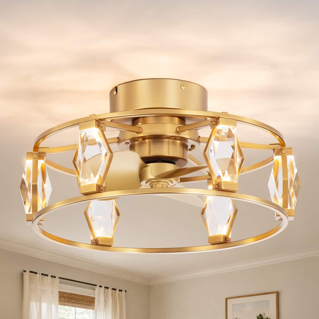 20.8 Inch Crystal Ceiling Fan with Light, Gold Flush Mount Fan, Remote Control, 6-Speed Reversible DC Motor, Dimmable LED