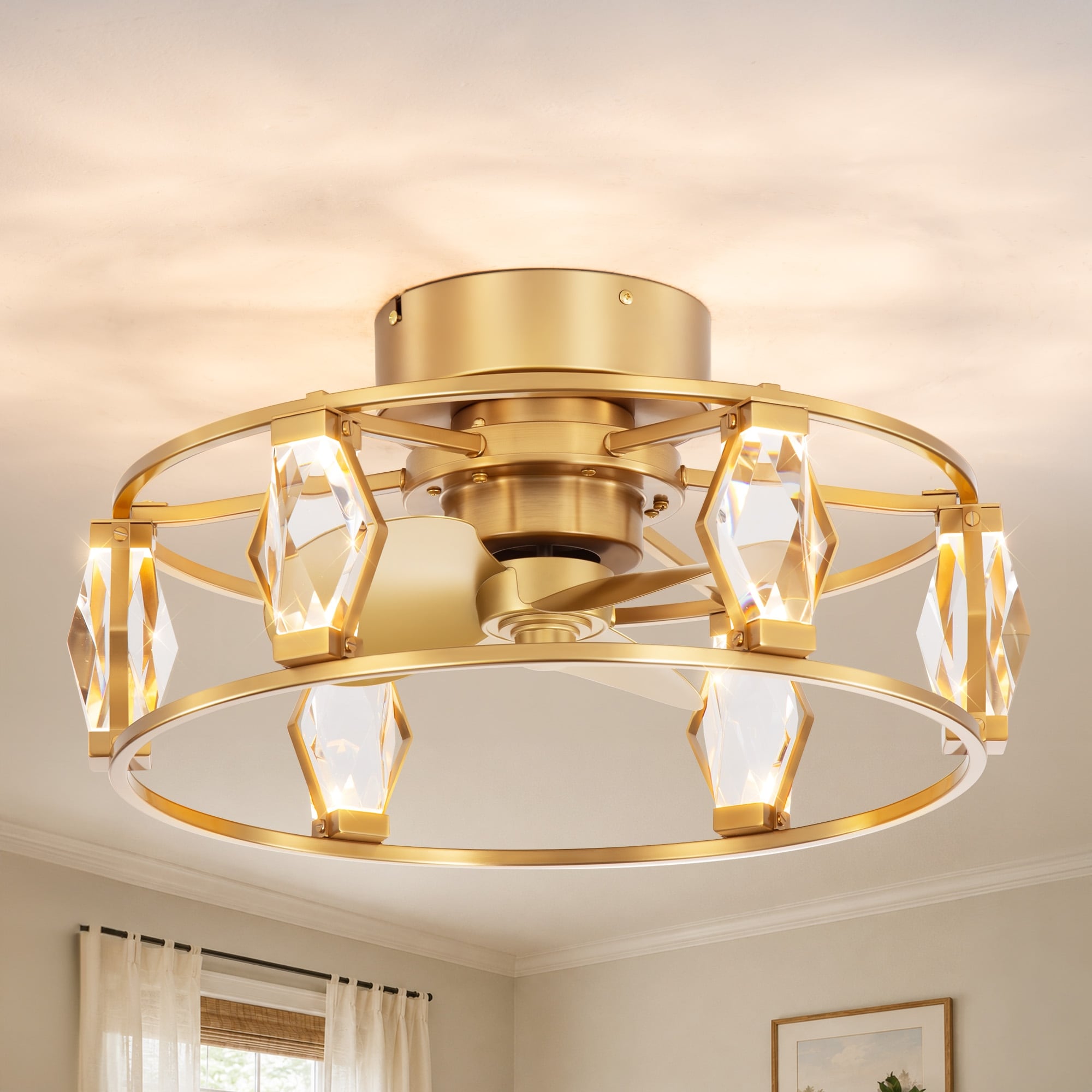 20.8 Inch Crystal Ceiling Fan with Light, Gold Flush Mount Fan, Remote Control, 6-Speed Reversible DC Motor, Dimmable LED