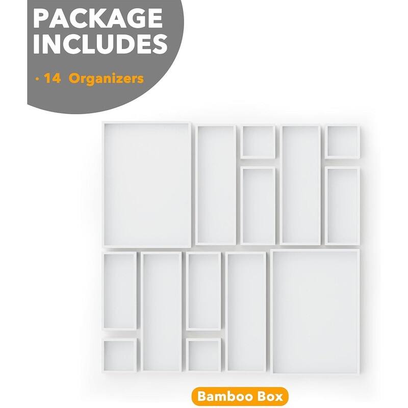 14-Piece Bamboo Drawer Organizer Storage Boxes Set, Wood Tray Junk Drawer Organizers Multi-Use Divider Bins