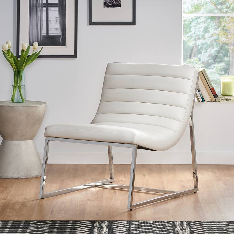 Roomfitters Modern Armless Accent Chair, Faux Leather Lounge Seat with Chrome Frame, Wilmouth Roll, White