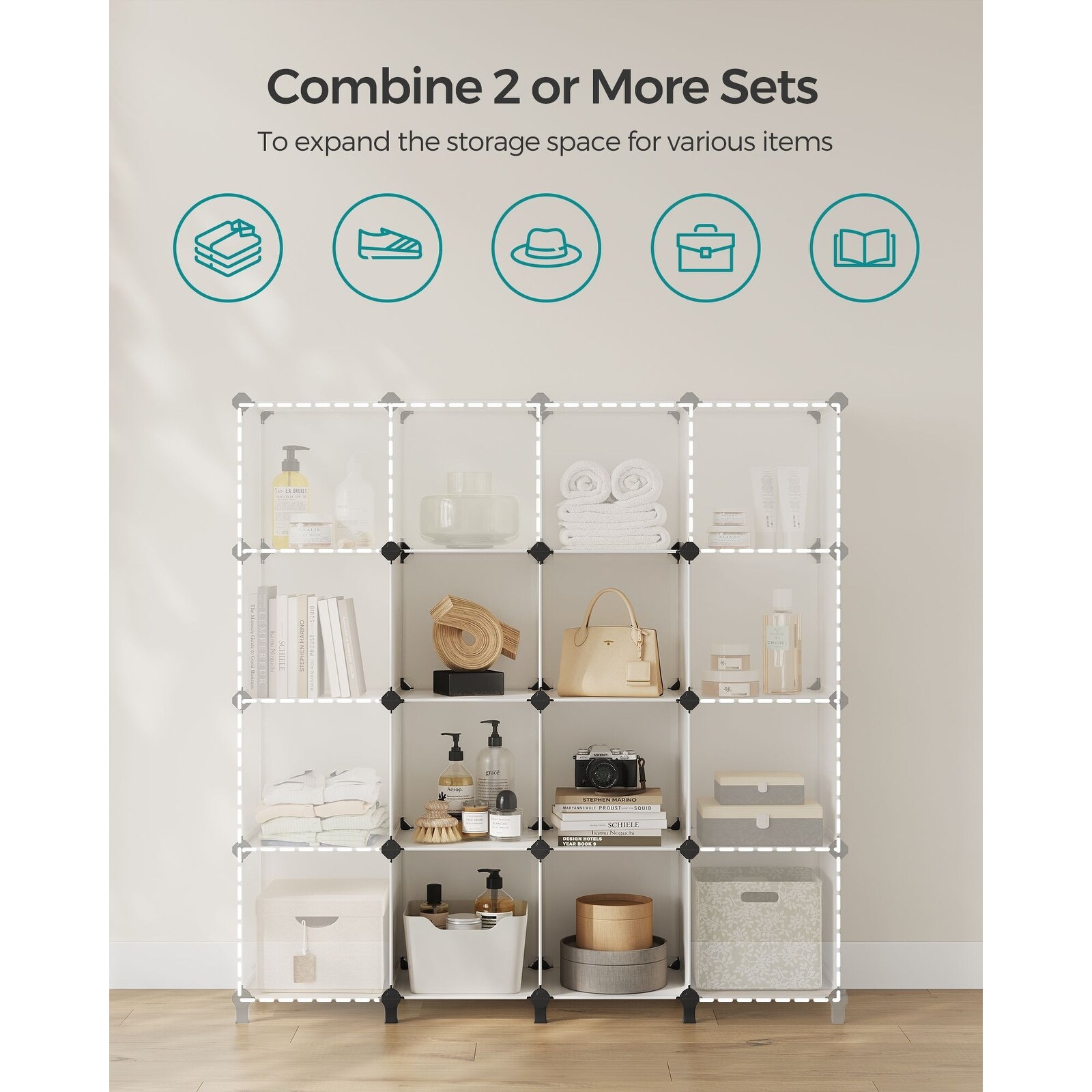 SONGMICS 6 Cube Storage Organizer, DIY Closet Shelf, Plastic Clothes  Organizer, Modular Bookcase, 11.8 x 11.8 x 11.8 Inch Cubes, with Feet and  Rubber