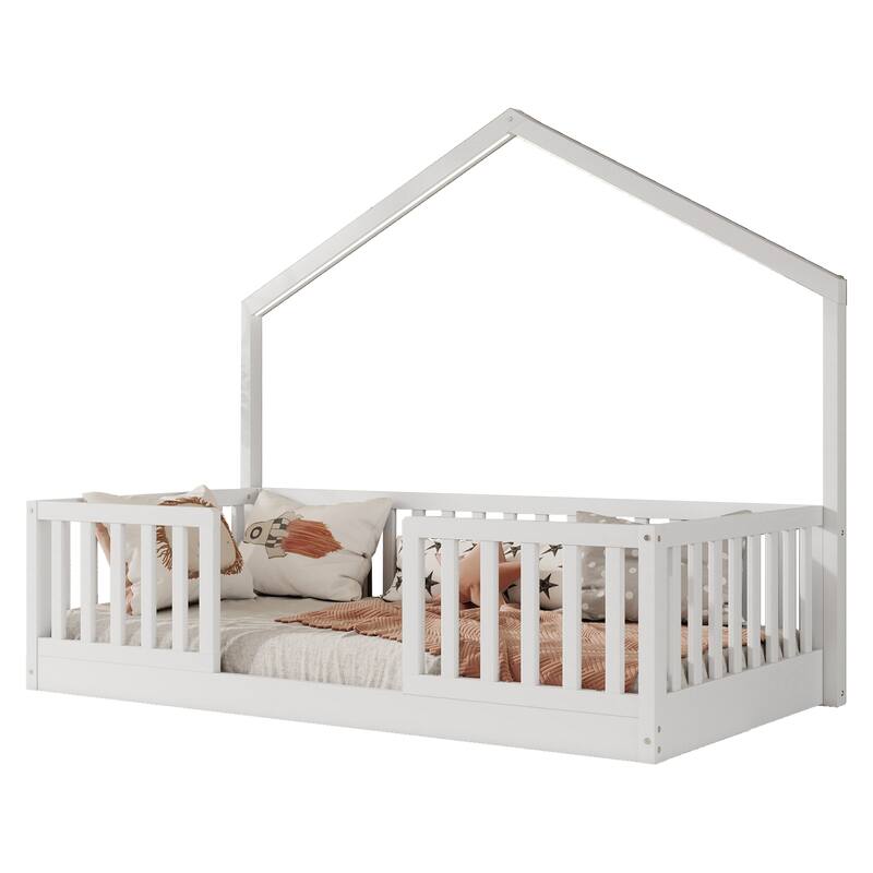 Wooden Floor Bed House-shaped Frame, Montessori Floor Bed with Light and High Rails, Wood Slat Support Floor Daybed