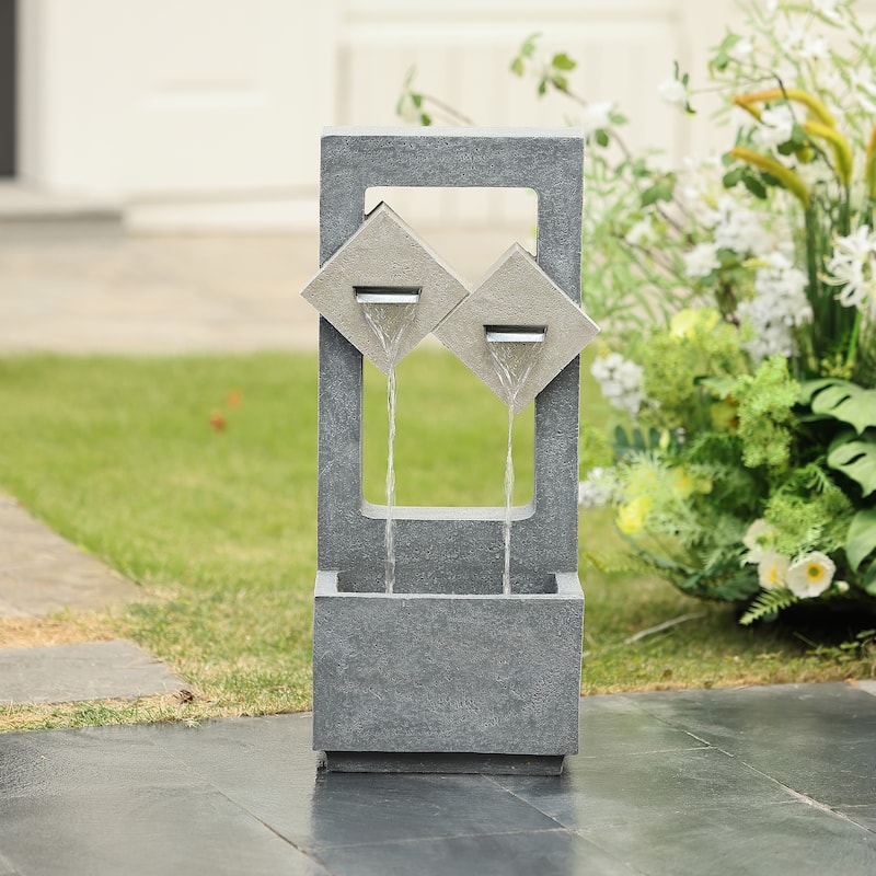 Cascading Grey Resin Rectangular Outdoor Fountain with LED Lights