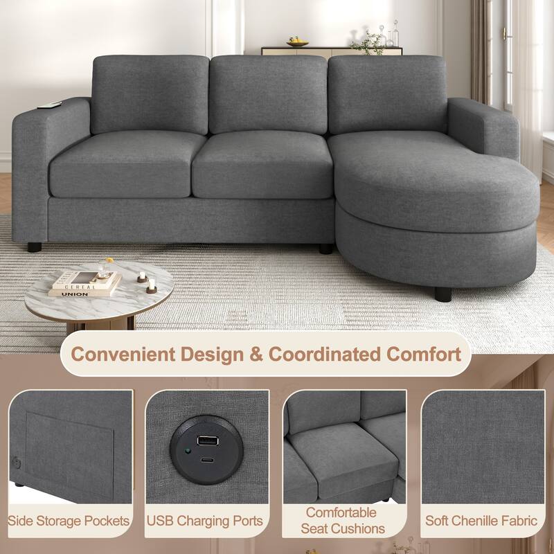 Living Room Chenille L-Shaped Sectional Sofa Set with Curved Chaise Lounge, USB Ports and Side Storage Pockets - Grey