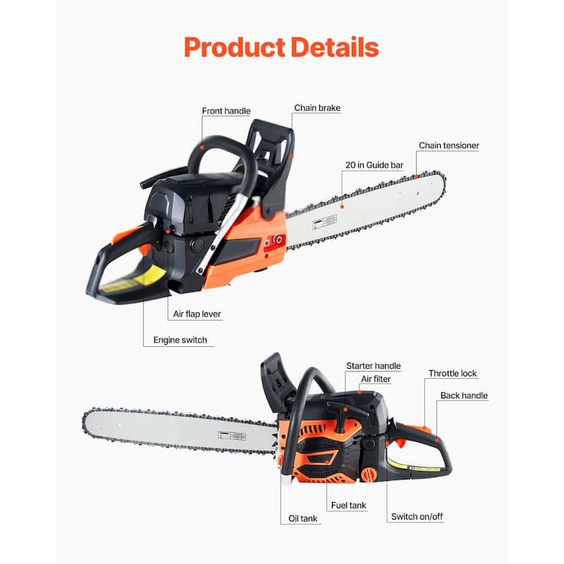 20 Inch Gas Chainsaw 62CC 3.8HP Heavy Duty Power Saw with Easy Start for Logging and Tree Trimming