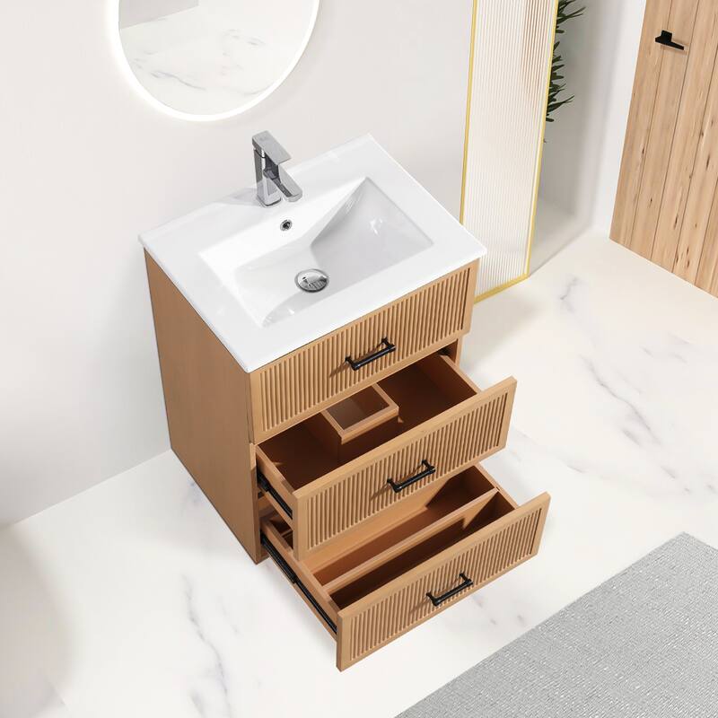 30" Freestanding Bathroom Vanity with Ceramic Sink and 2 Storage Drawers, Stylish Gray Floor Cabinet
