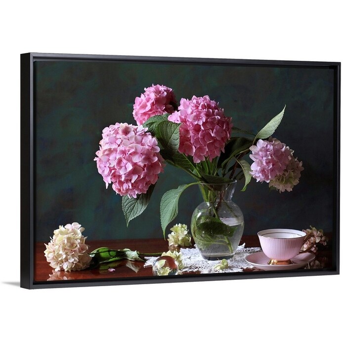 Vase With Hortensia Flowers On Brown Table With Bowl Saucer Flowers Black Float Frame Canvas Art Overstock 25532147