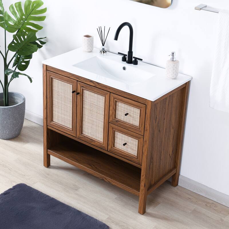 Jasper Rattan Modern Coastal 2-Shelf Bath Vanity Cabinet Only (Sink Basin Not Included), By JONATHAN Y