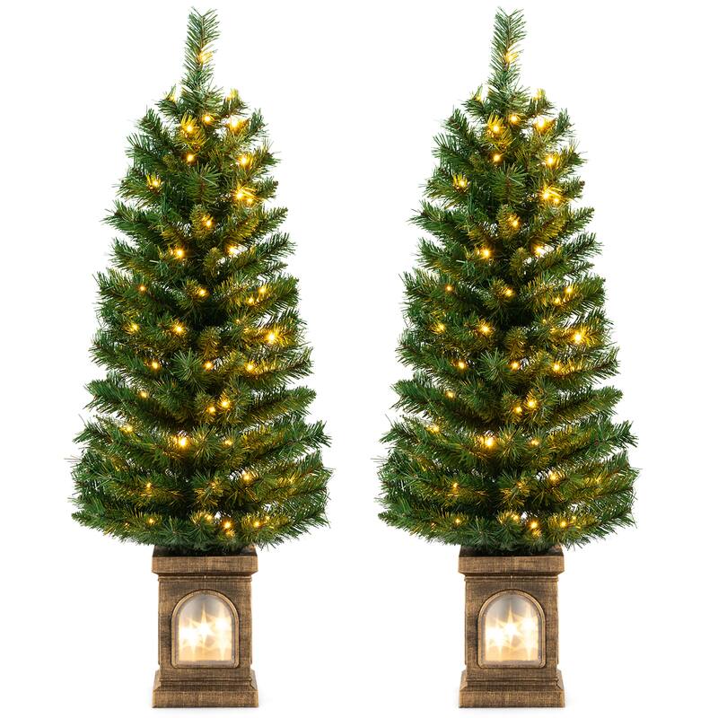 Gymax 2 PCS 4 FT Pre-Lit Potted Christmas Tree Artificial Entrance - 4 Foot