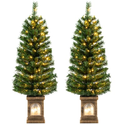 Gymax 2 PCS 4 FT Pre-Lit Potted Christmas Tree Artificial Entrance