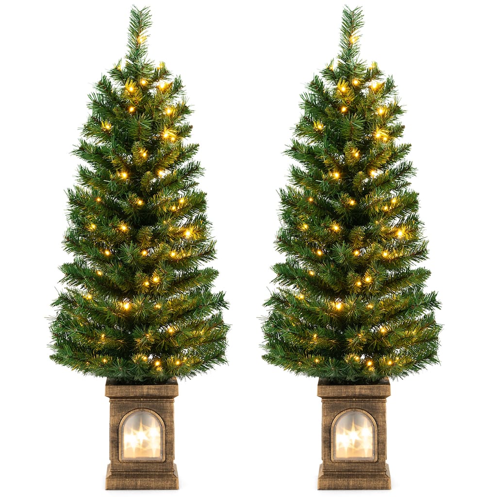 Gymax 2 PCS 4 FT Pre-Lit Potted Christmas Tree Artificial Entrance