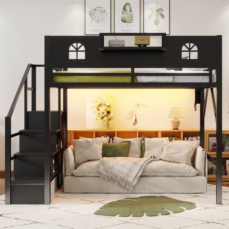 Queen/Full Size Metal Loft Bed with Stairs and House-Shaped Guardrails, High Loft Bed with Built-in Wardrobe
