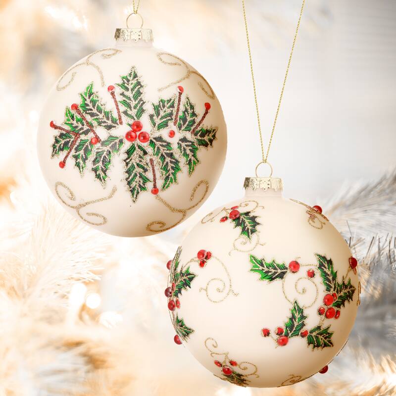 4" Glass Jewel Holly Vine Ball Ornament Set of 6