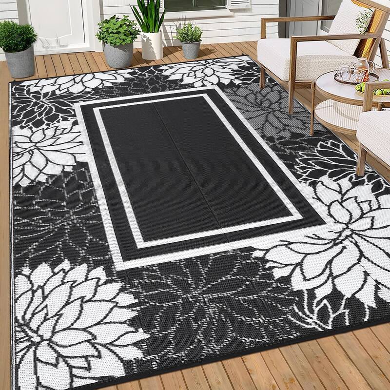 Outdoor Rug Waterproof Plastic Straw Rug, UV Resistant Foldable Lightweight Mat Reversible Patio Rug for Camping - 8'x10' - Black White