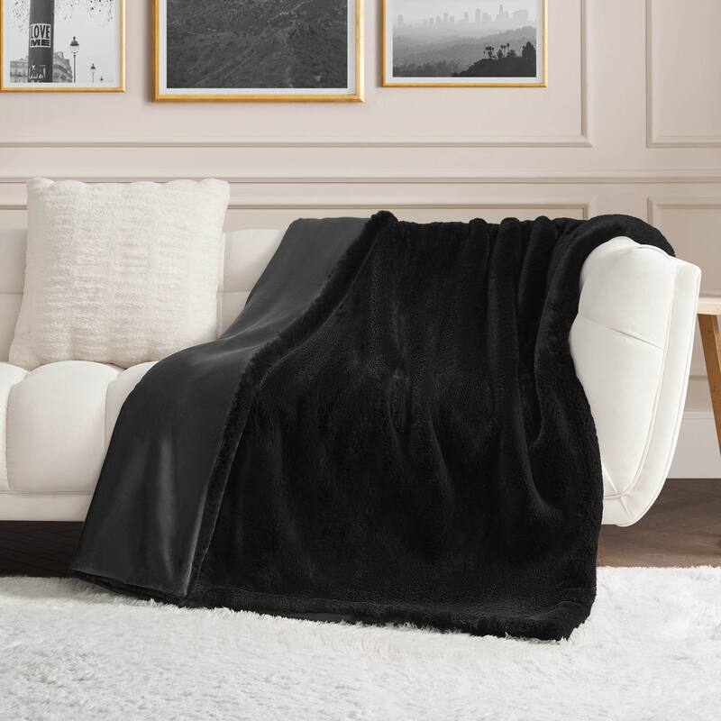 Juicy Couture Big Fluffy Solid Faux Fur Blankets - 50" x 70" - Black