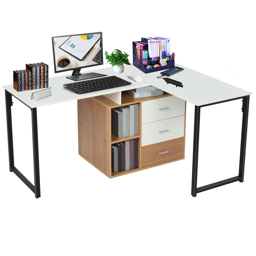 65 Inch Workstation Multifunction L Shaped Desk 2 Person Desk 3 Storage Drawers And 2 Tier Shelves