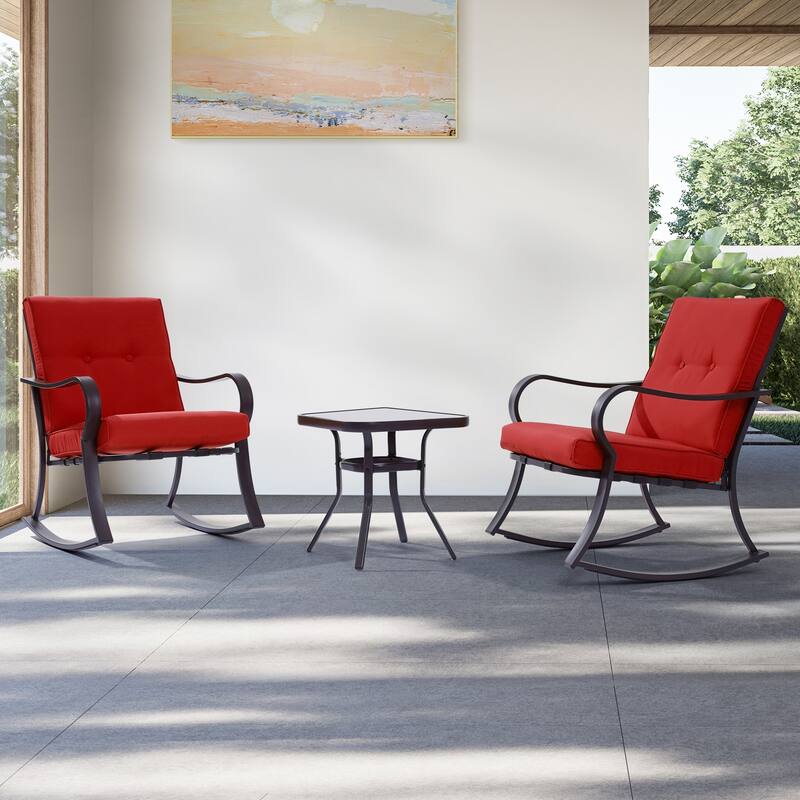 Bonosuki 3 Pieces Patio Bistro Set, Outdoor Funiture Set with 2 Rocking Chairs, Tempered Glass Top Coffee Table and Cushion - Cherry Red