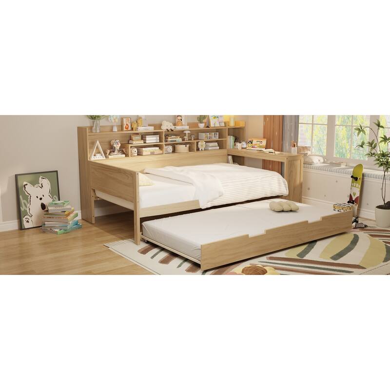 Full Size Daybed with Storage Shelves, Multi-Functional Bed with Twin Trundle and Built-In Study Desk, Space-Saving Design