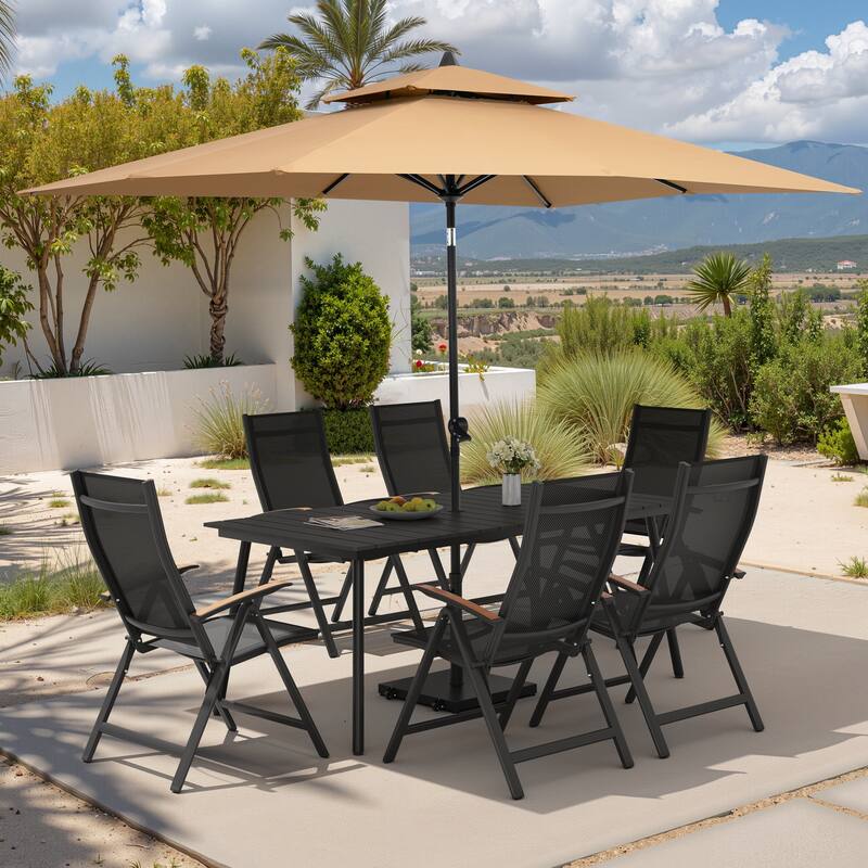 9PC Outdoor Patio Dining Set Aluminum Table with Folding Armchairs w/ Premium Market Umbrella Sets - BlackTable&BlackChairs&TanUmbrella