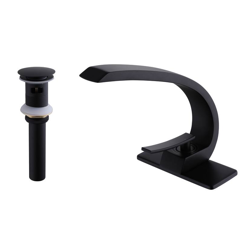 Modland C-Shaped Single Hole Bathroom Faucet, 500K Cycle CUPC Certified, 6-Inch Cover Plate, Black / Gold / Nickel / Chrome - with Drain - Matte Black