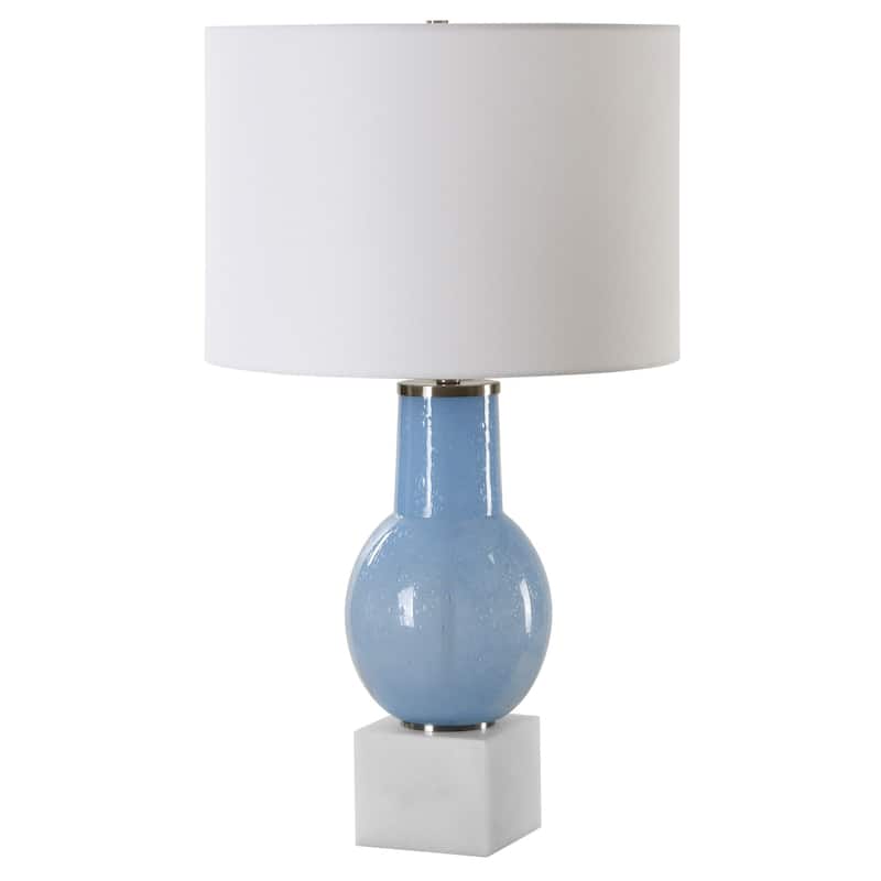 Seeded Glass Table Lamp with White Round Drum Shade - 28" - Sky Blue