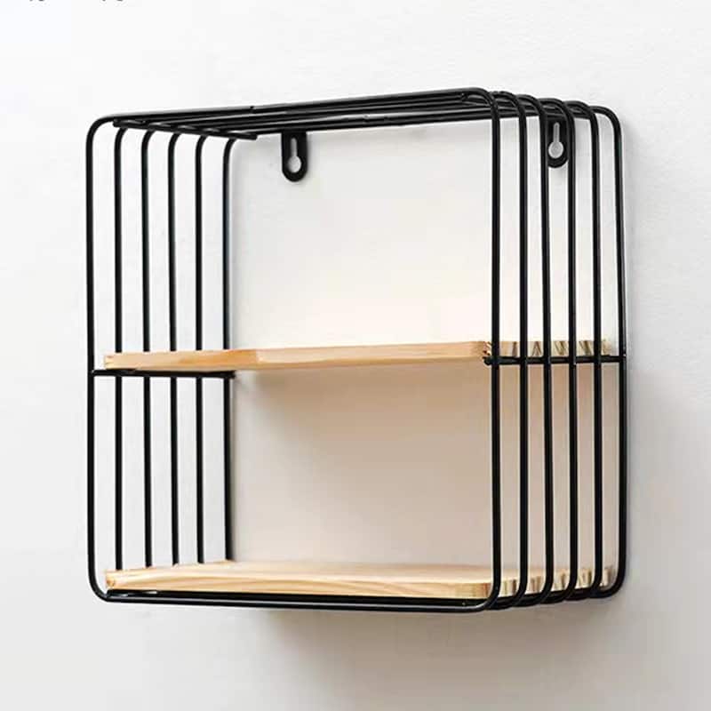 Iron Wall Square Double Shelves Wall Hanging Baskets - Black