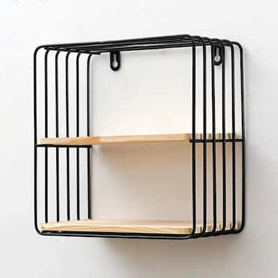 Iron Wall Square Double Shelves Wall Hanging Baskets - Black