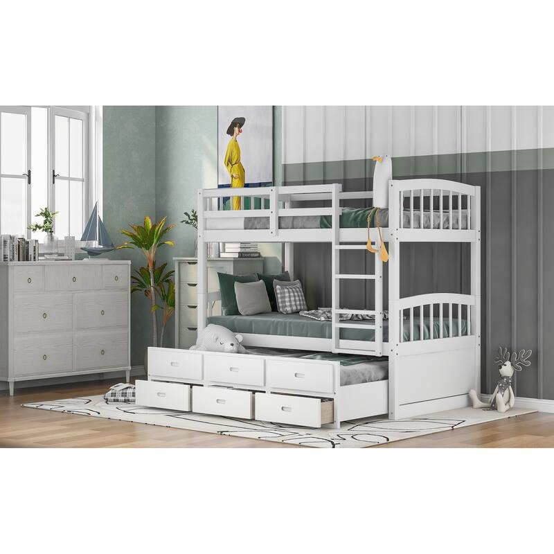 Twin Over Twin Wood Bunk Bed with Trundle and Drawers, White