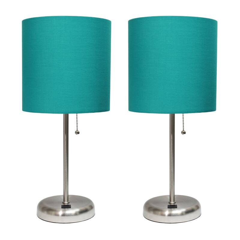19.5 in. Brushed Steel Finish Table Lamp with Blue Shade, Durable Stick Lamp for End/Side Tables, Set of 2
