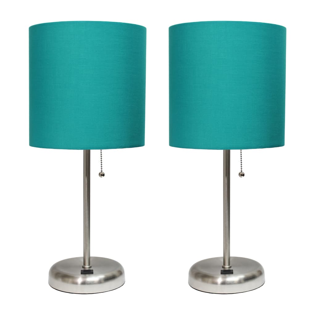 19.5 in. Brushed Steel Finish Table Lamp with Blue Shade, Durable Stick Lamp for End/Side Tables, Set of 2