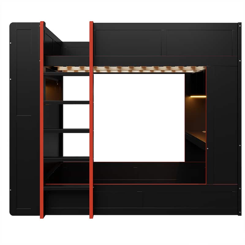 Black Bunk Bed Full Size Wood Gaming Bunk Bed Frame with Desk, Storage Shelves, LED and Charging Station, Full over Full Bed