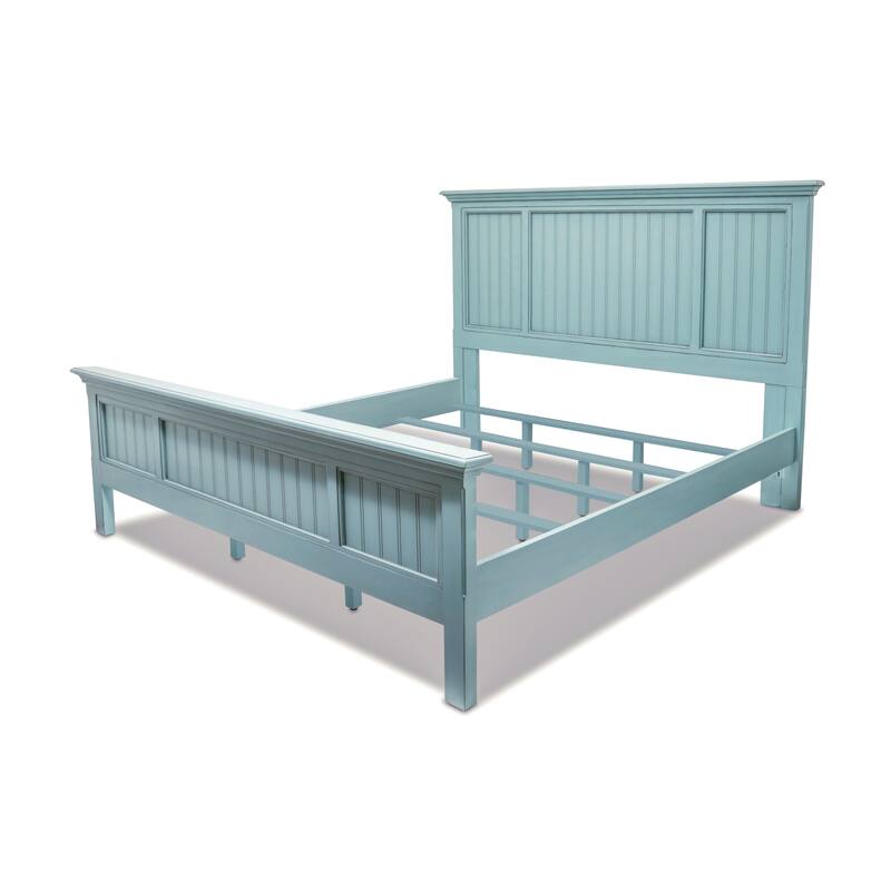HomeRoots Blue Carved Geometric Distressed Solid Wood King Bed Frame