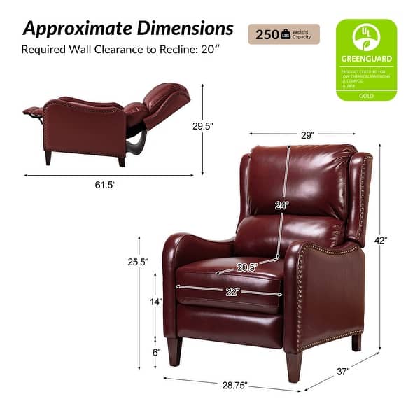 dimension image slide 16 of 19, HULALA HOME Brigida Cigar Genuine Leather Manual Recliner with Nailhead Trim