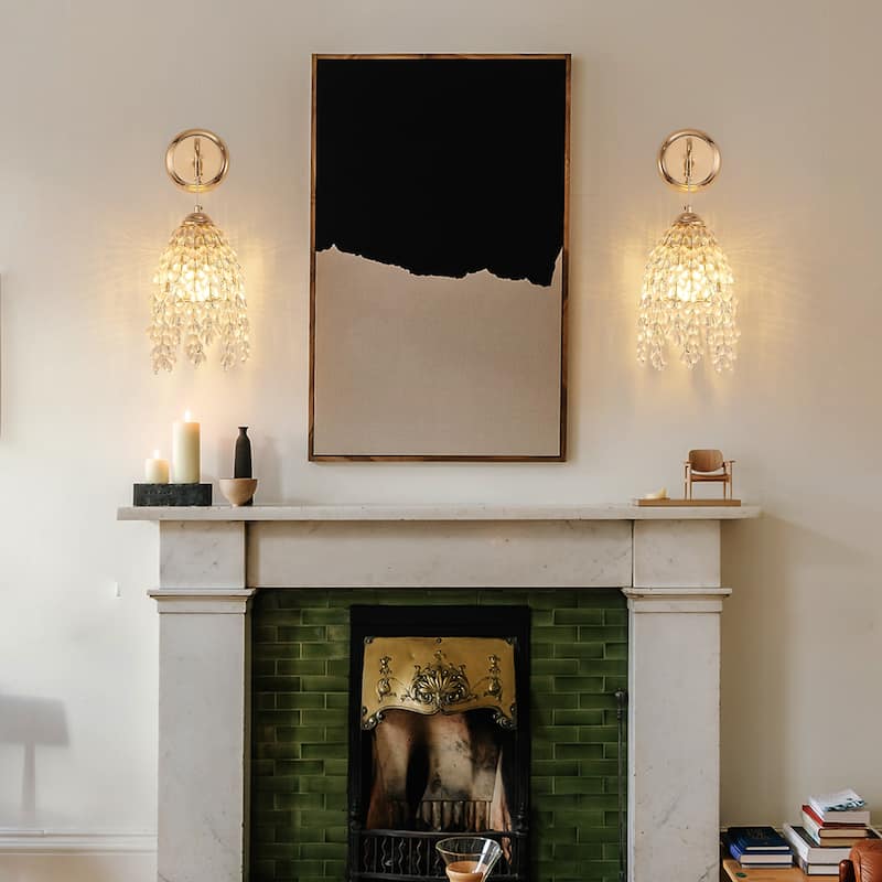 Set of 2 Gold Wall Sconces - Grape Crystal Beads - E12 - Living Bedroom (No Bulbs) - Gold