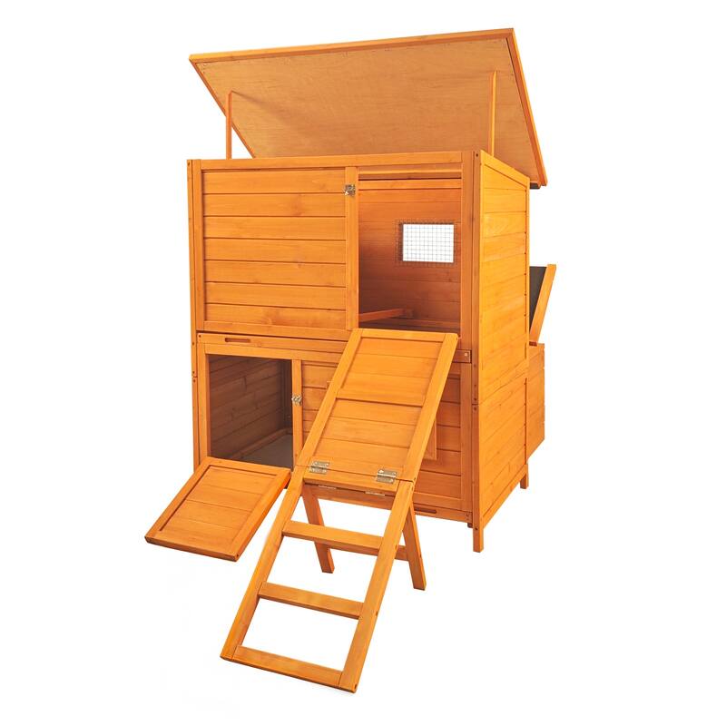 Chicken Coop, Double-House Wooden Chicken Coop For 6-8 Chickens With 3 Nesting Boxes And 2 Pull-Out Trays, A Foldable Ramp