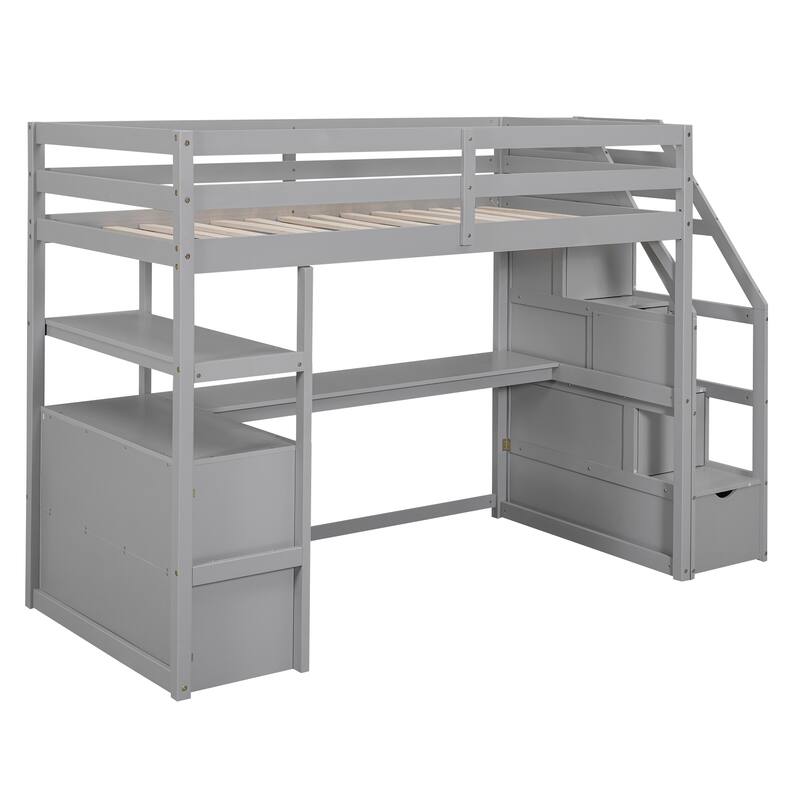 Twin Storage Loft Bed with All-in-One Desk and Shelves, Loft Bed Frame with 2 Built-in Drawers, Storage Staircase - Grey