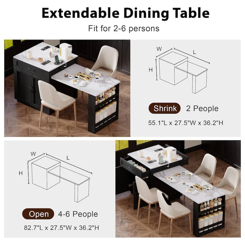 Anmytek Expandable Kitchen Island and Dining Table with Power Outlets - Convertible Cart to Table for Small Spaces