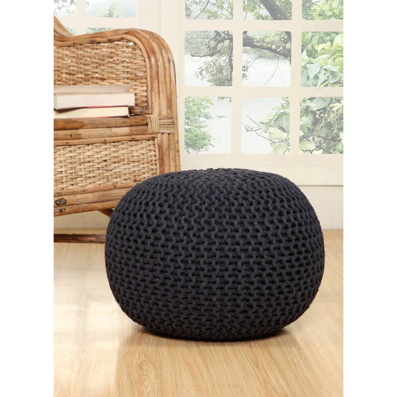 AANNY Designs Lychee Knitted Cotton Round Pouf Ottoman - Dark Grey