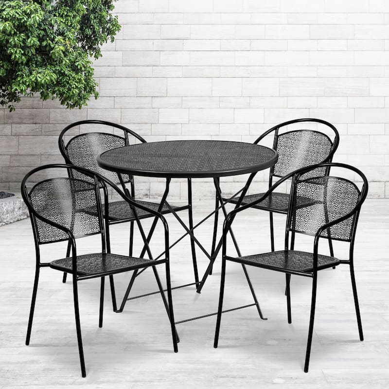 30-in. Round Steel Folding Patio Table Set w/ 4 Chairs - Black