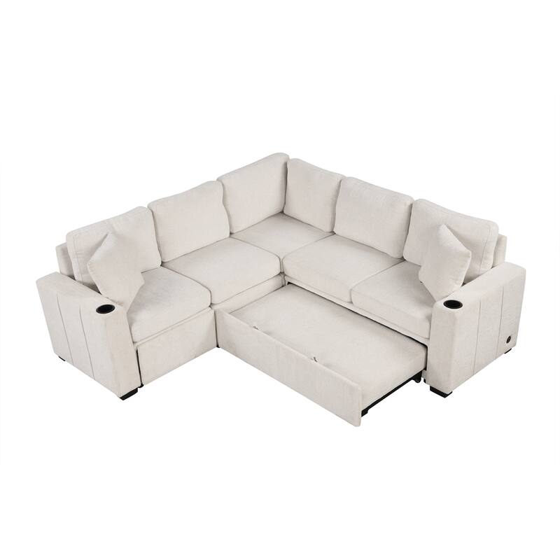 84.7" Convertible Sofa Bed in Beige Chenille with Storage Ottoman, USB & Cup Holders