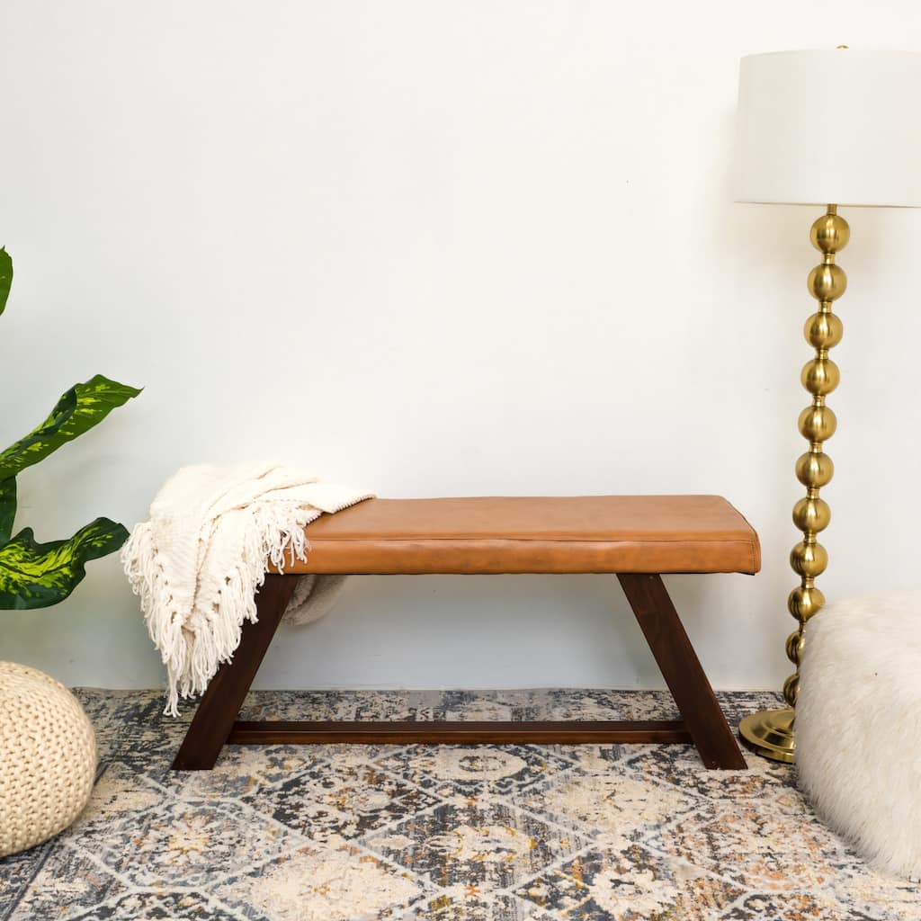 Pierce Mid Century Upholstered Genuine Leather Dining Bench in Tan