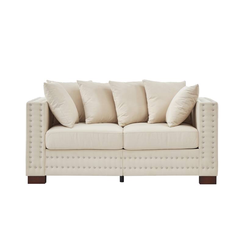 Apricot Velvet Loveseat with Square Armrest and Silver Nails Decoration