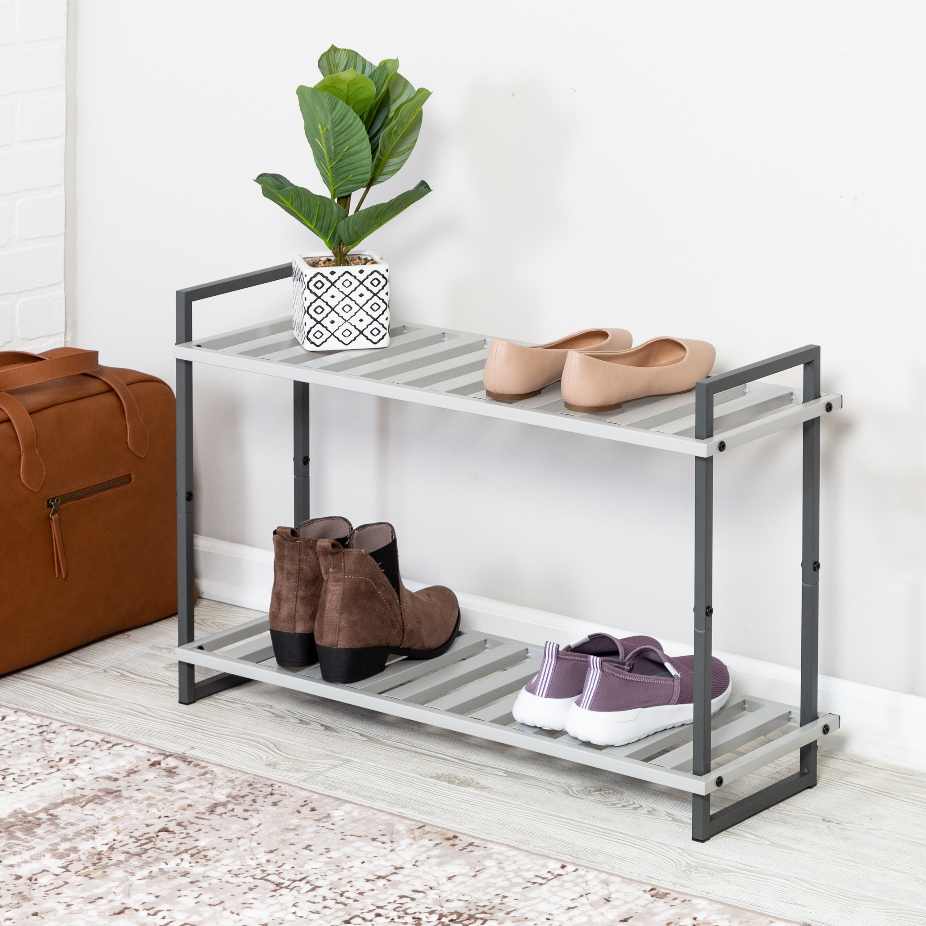Grey metal top shoe rack