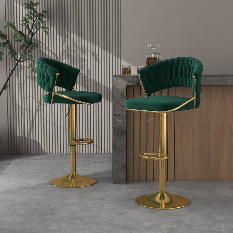 2/4 Set Velvet Adjustable Counter Stools Swivel Bar Stools With Backs - 24"-33" - Set of 2 - Dark Green-Gold Leg