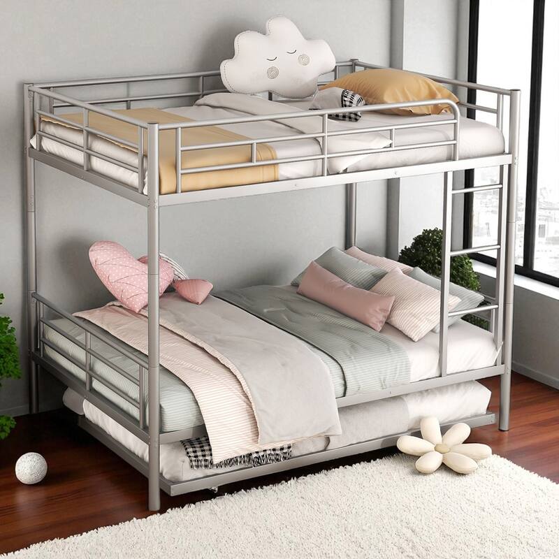 Full Over Full / Full XL Over Queen Metal Bunk Bed with Trundle, Convertible Design and Guardrails - Silver - Full