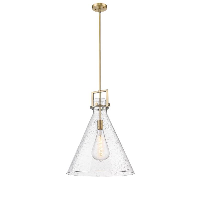 Innovations Lighting Newton Cone - 1 Light 18" Stem Hung Pendant - Brushed Brass/Seedy