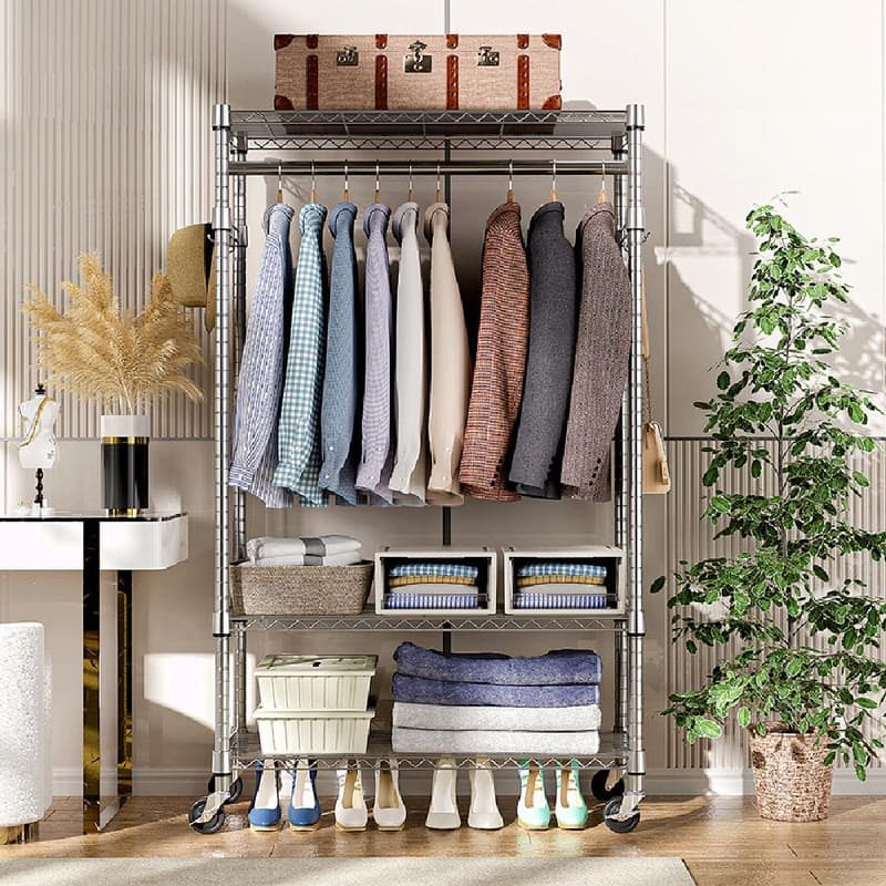 Heavy Duty Rolling Garment Rack with Wheels, 3-Tier Adjustable Wire Shelving, Clothes Rack with Rods & Side Hooks - Chrome