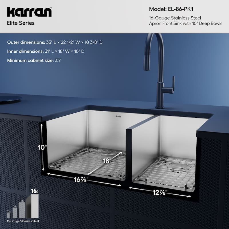 Karran Farmhouse Apron Front Stainless Steel 33 in. Double Bowl Kitchen Sink Kit