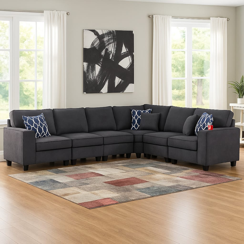 Nid L Shaped Sectional Sofa, Cupholder, Stone Gray Woven, 125 Inch